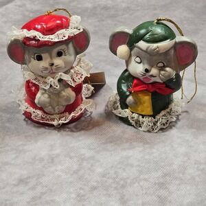 Set Of 2 Tattle Tails Vintage Bell Porcelain Christmas Tree Mice Ornaments